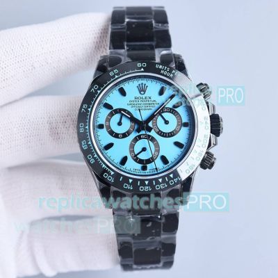 Super Clone Rolex Blaken Daytona Extra Thin Light Blue Dial Black Steel Watch 